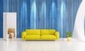 Modern interior design of livingroom in vogue with plant, yellow divan, copyspace. Horizontal arrangement. 3D rendering