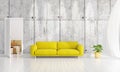 Modern interior design of livingroom in vogue with plant, yellow divan, copyspace. Horizontal arrangement. 3D rendering