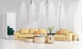 Modern interior design of livingroom in vogue with plant, yellow divan, copyspace. Horizontal arrangement. 3D rendering Royalty Free Stock Photo