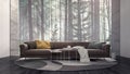 Modern interior design with look on foggy pine forest