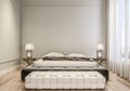 Modern interior design of master bedroom, king size bed with bed sheets, wooden flooring and classic style gray walls