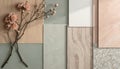 Modern interior design mood board with material samples. Includes wood, ceramic tile, stone, various colors. Decorative branch Royalty Free Stock Photo