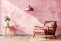 Modern interior design of pastel pink room with leather armchair and wooden side table near hanging lamp on empty wall background Royalty Free Stock Photo