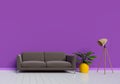 Modern interior design of purple living room with brown sofa and Royalty Free Stock Photo