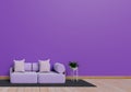 Modern interior design of purple living room with sofa and plant pot on brown glossy wooden floor. Grey mat element. Home and Royalty Free Stock Photo