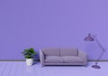 Modern interior design of purple living room with sofa an plant pot on white glossy wooden floor. Lamp element. Home and Living
