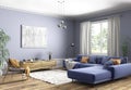 Interior design of modern scandinavian apartment, living room 3d rendering Royalty Free Stock Photo