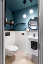 Modern interior design of a small bathroom. Blue style. Black plumbing Royalty Free Stock Photo