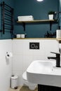Modern interior design of a small bathroom. Blue style. Black plumbing Royalty Free Stock Photo