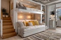 Modern interior design with a smart loft bed structure over a cozy sofa in a small living space Royalty Free Stock Photo