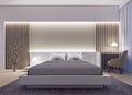 Modern interior design of spacious luxury bedroom with wood slat wall and accent lighting at night Royalty Free Stock Photo