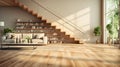 Modern interior design a staircase leads up from the floor of the room to the upper level of the house. Makes it look airy and