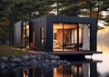 Modern interior design tiny house in blackwood next to lake on summer evening.AI Generative Royalty Free Stock Photo