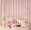 Modern interior design with wooden bench and pink curtain, lamp and coffee table, 3d rendering Royalty Free Stock Photo