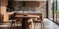 Modern interior design of wooden minimalist kitchen with island, round stone dining table and chairs