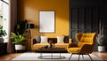 Modern interior design yellow armchair sofa in living room with and mock up poster frame Royalty Free Stock Photo