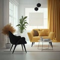 Modern interior design yellow armchair sofa in living room with and mock up poster frame Royalty Free Stock Photo