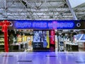 Modern interior of Duty Free zone with New Year\'s decorations in Vnukovo Airport, Moscow