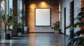 Modern interior with empty blank poster frame on brick wall for art and design display Royalty Free Stock Photo