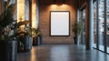 Modern interior with empty blank poster frame on brick wall for creative display design Royalty Free Stock Photo