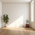 Modern interior of empty living room. Apartment with white wall and wooden panelling, window, plant