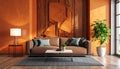 Modern living room with brown sofa against orange decorative panel - 3d rendering Royalty Free Stock Photo