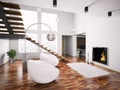 Modern interior with fireplace and staircase 3d