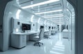 Modern interior of futuristic medical diagnostic lab high tech facility. White workstations with computer monitors showing data Royalty Free Stock Photo