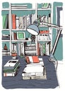 Modern interior home library, bookshelves, hand drawn colorful sketch illustration.
