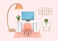 Modern interior for home office with computer, cabinet, remote work, freelancing, education. Workplace with houseplants Royalty Free Stock Photo