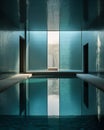 Modern interior of an indoor swimming pool with clear blue water and a large window. Luxury resort. Generative AI