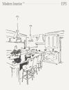 Modern interior. Kitchen with an island dining table and chairs. Hand drawn vector illustration. Royalty Free Stock Photo