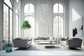 Modern interior of a large bright living room - high ceilings and large arched windows