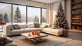 Modern interior with large glazed view of snowy garden and discreet Christmas decorations