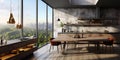 Modern interior large penthouse kitchen with large window and city view.Macro.AI Generative Royalty Free Stock Photo