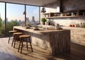 Modern interior large penthouse kitchen with large window and city view.Macro.AI Generative Royalty Free Stock Photo