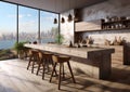 Modern interior large penthouse kitchen with large window and city view.Macro.AI Generative Royalty Free Stock Photo