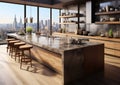 Modern interior large penthouse kitchen with large window and city view.Macro.AI Generative Royalty Free Stock Photo