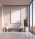 Modern Interior With Large Window Pink Wall Cactus Plant and Empty Frame Royalty Free Stock Photo