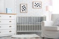 Modern interior of light cozy baby room Royalty Free Stock Photo