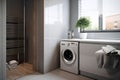 Modern interior in light gray tones of a bathroom with shelves with a washing machine Royalty Free Stock Photo