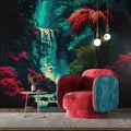 Modern Interior Living Room Background, Jungle Trees And Palms Amidst Waterfall Painting Style With Red Armchair