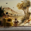 Modern Interior Living Room Background Moroccan Desert palms and trees Vintage Style With Beige Armchair And Table Royalty Free Stock Photo