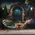 Modern Interior Living Room Background Palace Garden Arch Gate Trees Flowers Painting Style with Chair Table