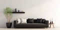 Modern interior of living room with black sofa, white wall with door Royalty Free Stock Photo