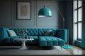 Modern interior of living room with blue corner sofa, coffee tables, floor lamp. Home design. Generative AI Royalty Free Stock Photo