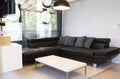 Modern interior of living room with comfortable black leather sofa