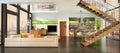 Modern interior of living room with the kitchen in a house or apartment in grey colors with green accents Royalty Free Stock Photo