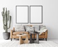 Modern Interior Living Room Poster Frame Mockup - 3d Illustration, 3d Rendering Royalty Free Stock Photo