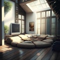 Modern interior of living room with sofa and window. 3d render Royalty Free Stock Photo